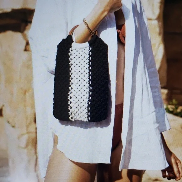 NWT Laude The Label Gabby Mini Macrame Bag Wood Ring Handles Black Ecru - Picture 9 of 9